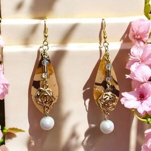 Handmade Gold and Brown Polymer Clay Glass Pearl Drop Earrings